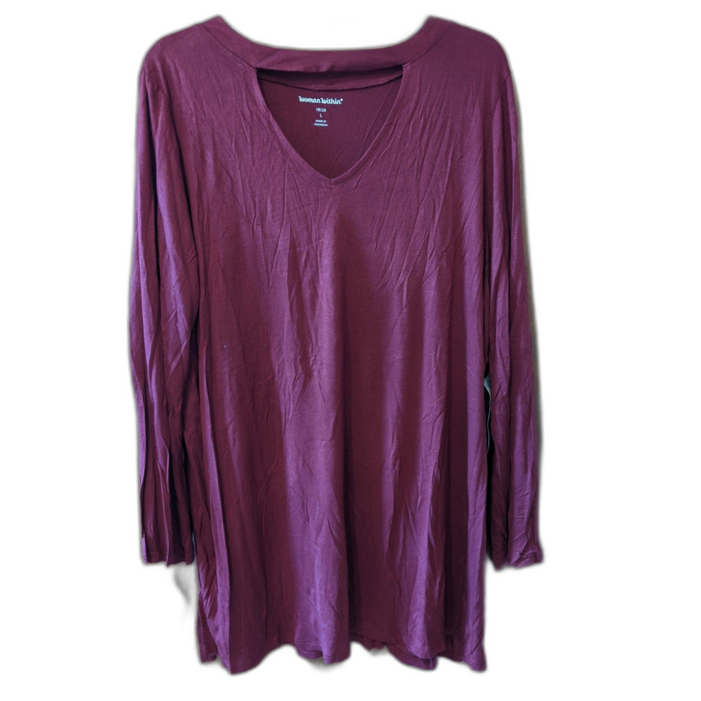 Woman Within Burgundy Top L/S Knit Shirt Keyhole Neckline Grandmacore Sz L 18/20